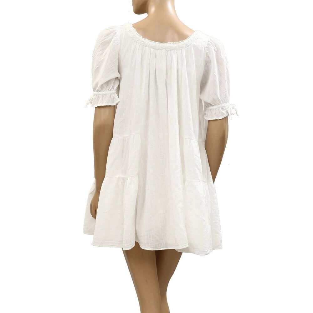 Free People Sandy Shores Babydoll Mini Dress Eyelet Puff Sleeve Solid XS 287320 - Picture 8 of 10